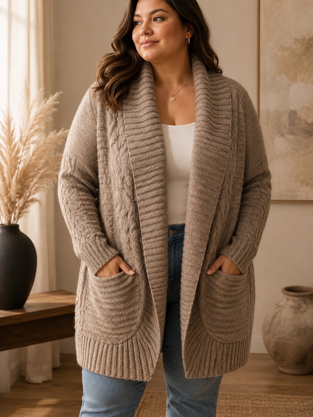 Isaac Mizrahi Taupe Open-Front Cable Shawl Cardigan